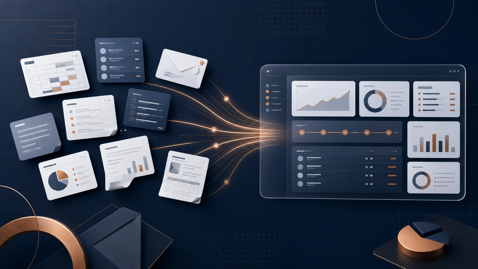 Fragmented business documents converging into a connected operations dashboard