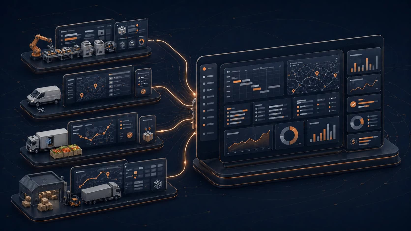 Manufacturing, field service, food service, and logistics workflows connected to one operations dashboard